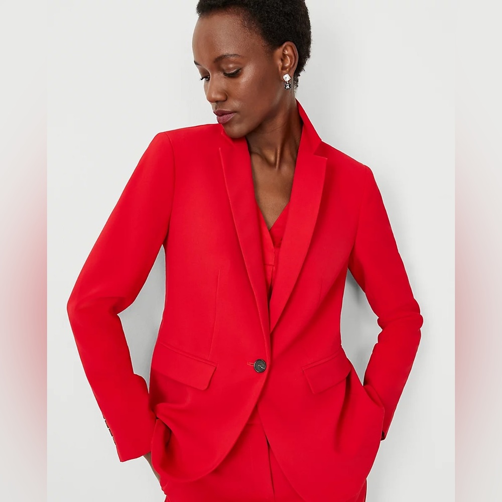 Ann Taylor Petite Long Fitted Notched One Button Blazer Fluid Crepe 834271